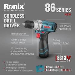 Ударная дрель RONIX 8613, 12V, аккумуляторная, с зарядным устройством и батареями (арт. 3112773)