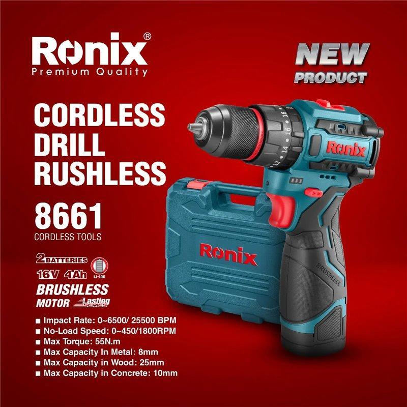 Аккумуляторная дрель Ronix 8661, бесщеточная, 16V, 10 мм, 55N·м, набор инструментов (арт. 3112774)