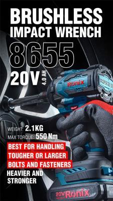Аккумуляторный гайковерт Ronix 8655, 20V, бесщеточный, 1/2 дюйма, высокий крутящий момент (арт. 25-18031275)