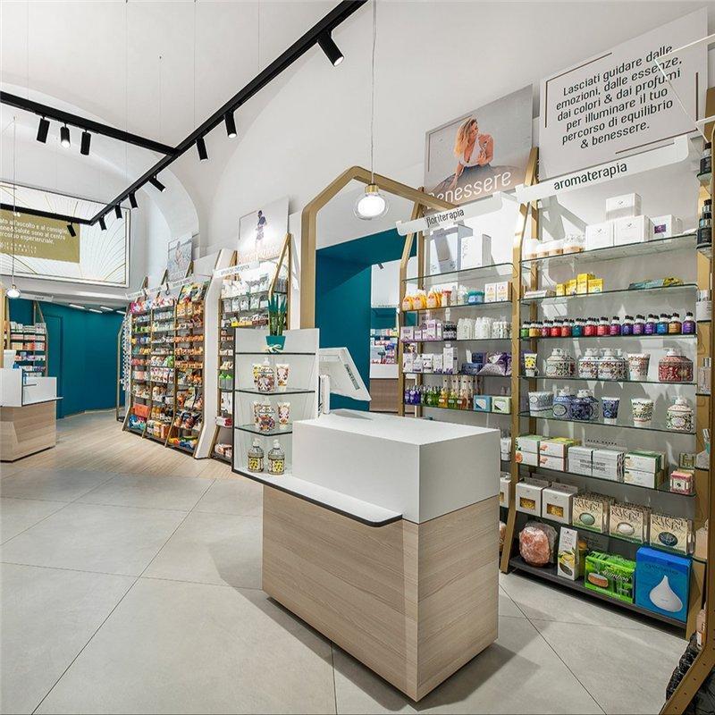 Мебель для аптеки из стекла и дерева с полками и шкафом (арт. 25-19080150)