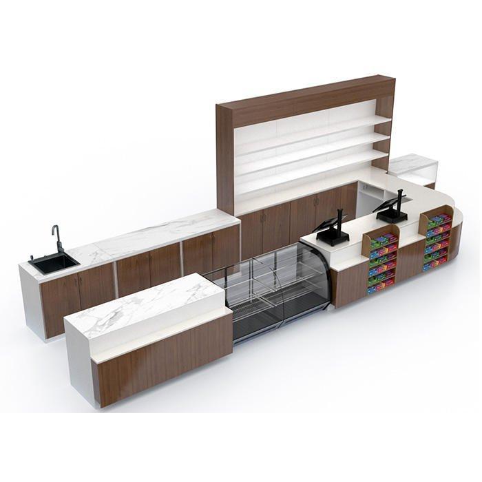 Мебель для кафе из дерева и стекла с мраморной стойкой (арт. 25-19080223)